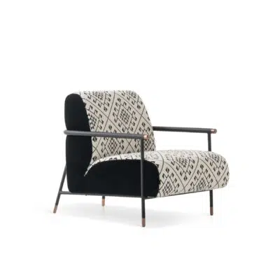 Black fabric variation of the Nice Accent Chair Kilis, showcasing matt black metal legs and arms with bronze caps