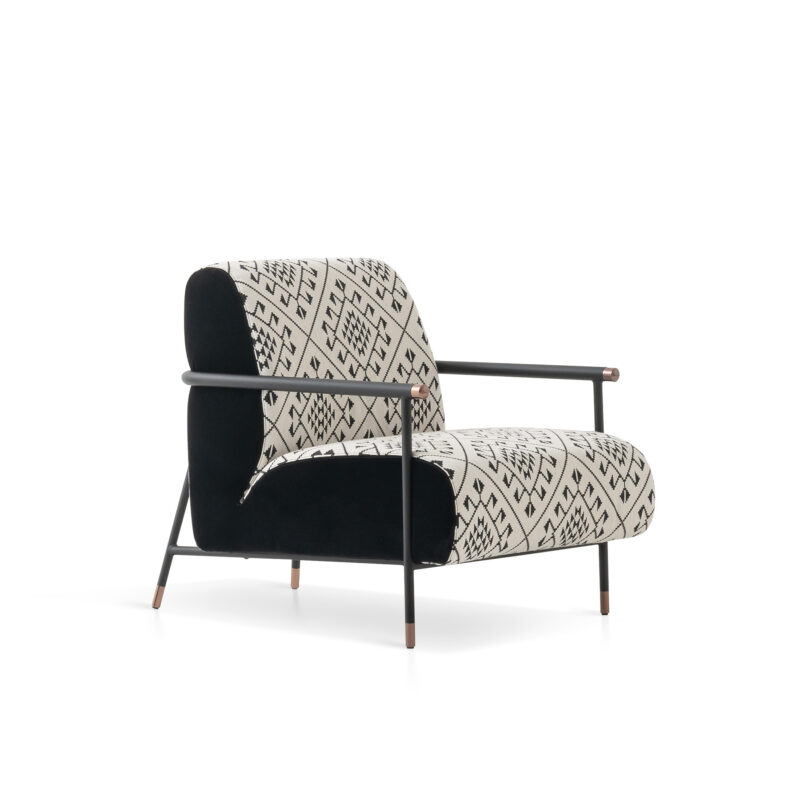 Black fabric variation of the Nice Accent Chair Kilis, showcasing matt black metal legs and arms with bronze caps