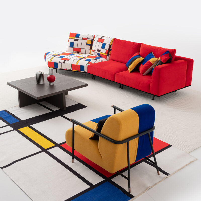 modrian style with bold colors living room