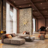 Modern rustic living room with sectional sofa and fireplace at LEOPARD Furniture, Canada’s luxury interior design.