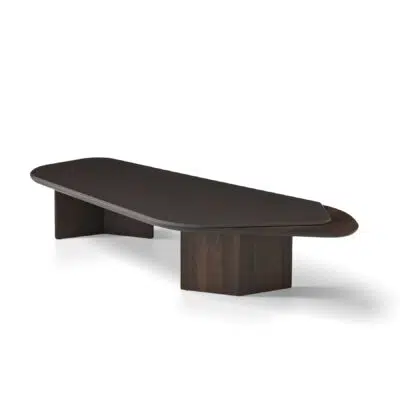 Elegant modern dark wood coffee table from LEOPARD Furniture on a white background; luxury interior design.