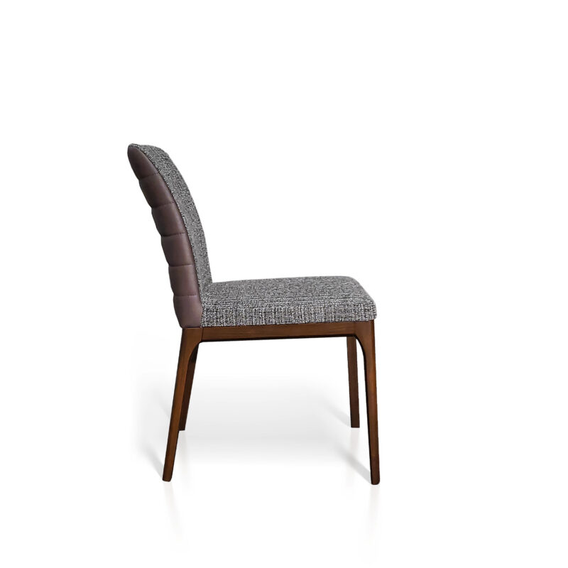 new toronto dining chair side view modern design in gray fabric with leather back and smoked oak color leg