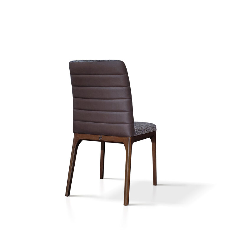 new toronto dining chair rear view modern design in gray fabric and leather back and smoked oak color leg