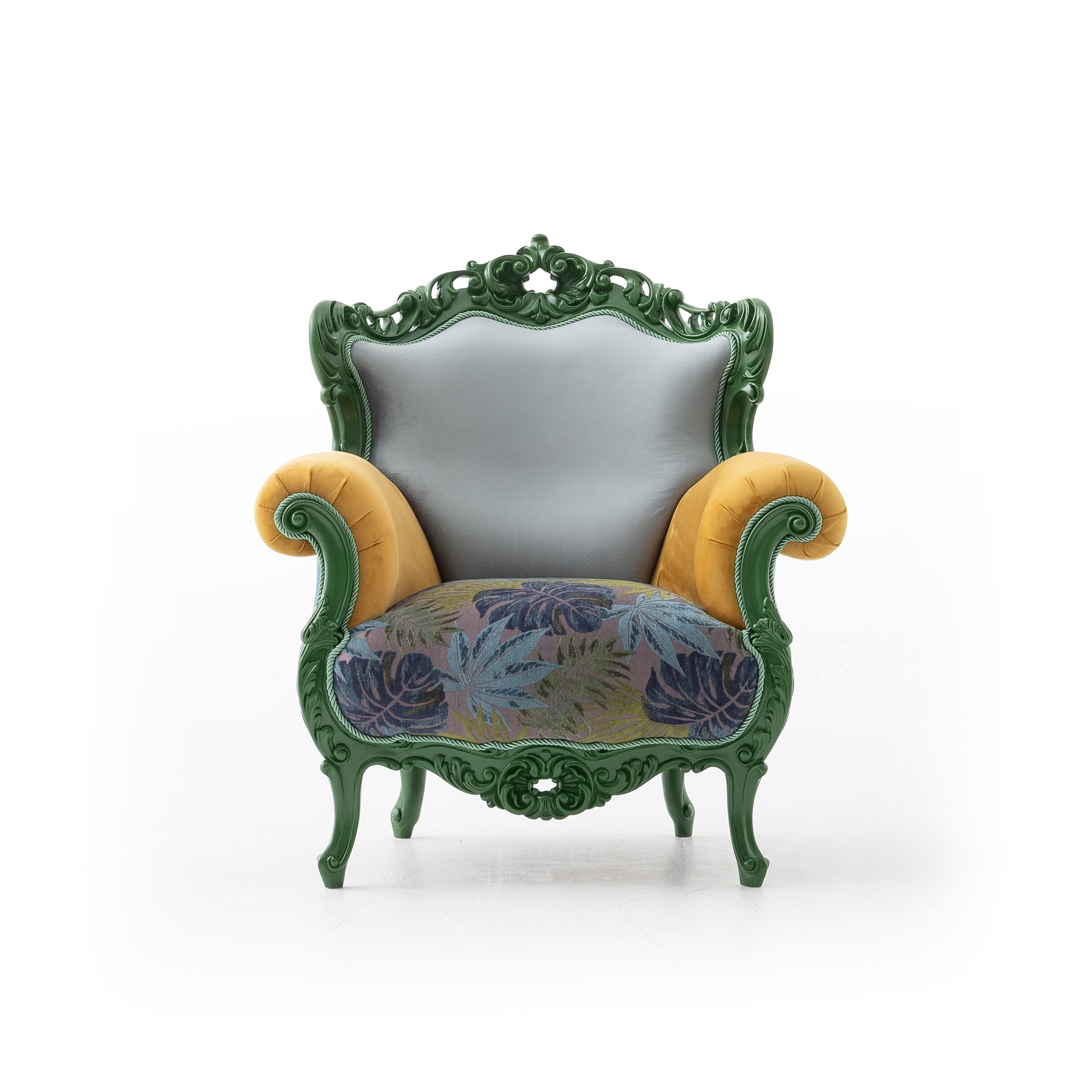 Picasso Amazon Armchair - Artistic Accent chair combination of green yellow and blue colors with green wood color