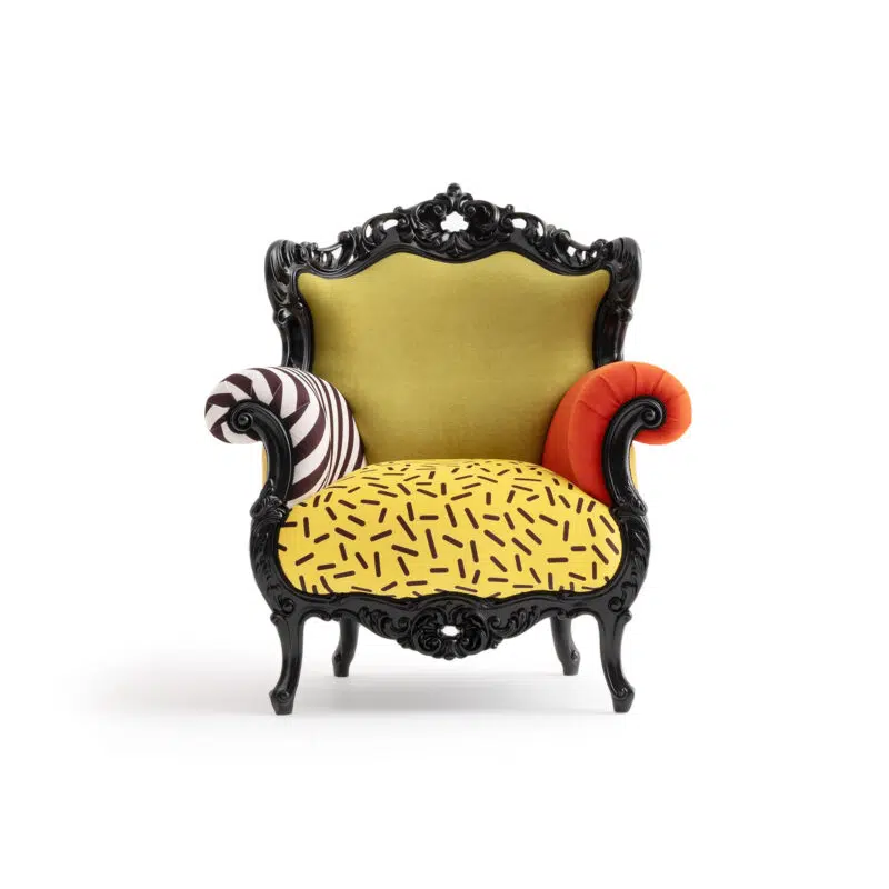 Fauteuil Picasso memphis - Fauteuil d'appoint artistique une combinaison de couleurs vertes et jaunes et noires et blanches avec du bois noir