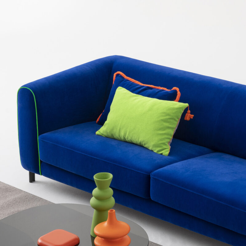amour sofa dark blue iyot color with neon green lines from the colorium collection detailed view