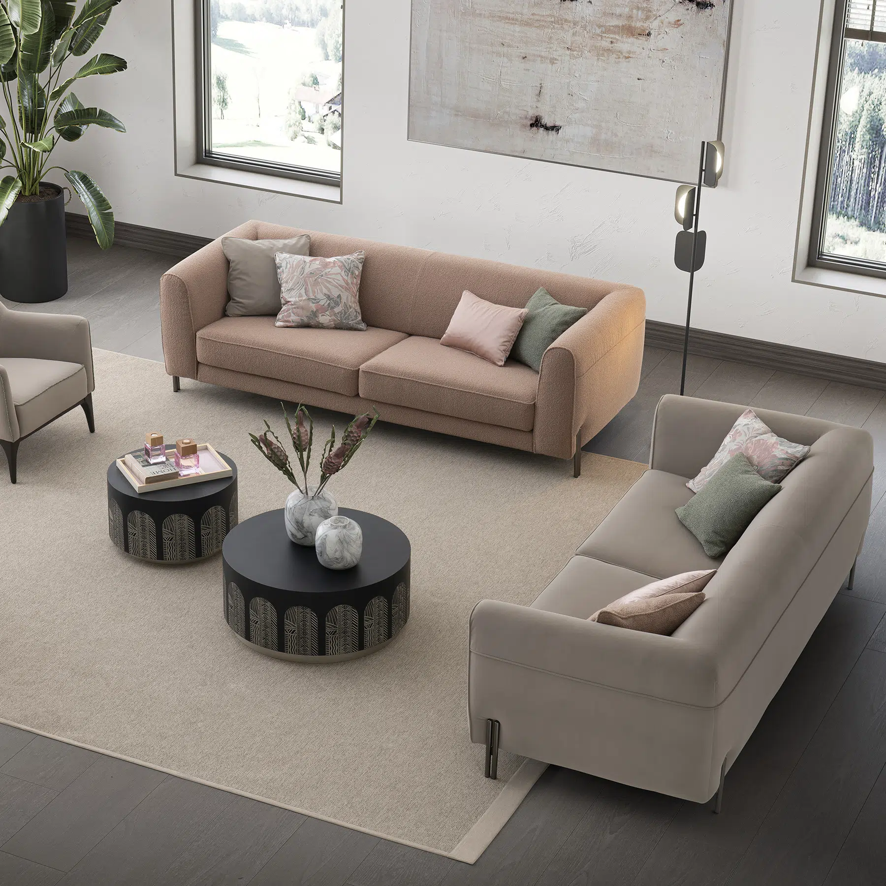 ivory amour sofa with pink amour sofa in a modern living room setup