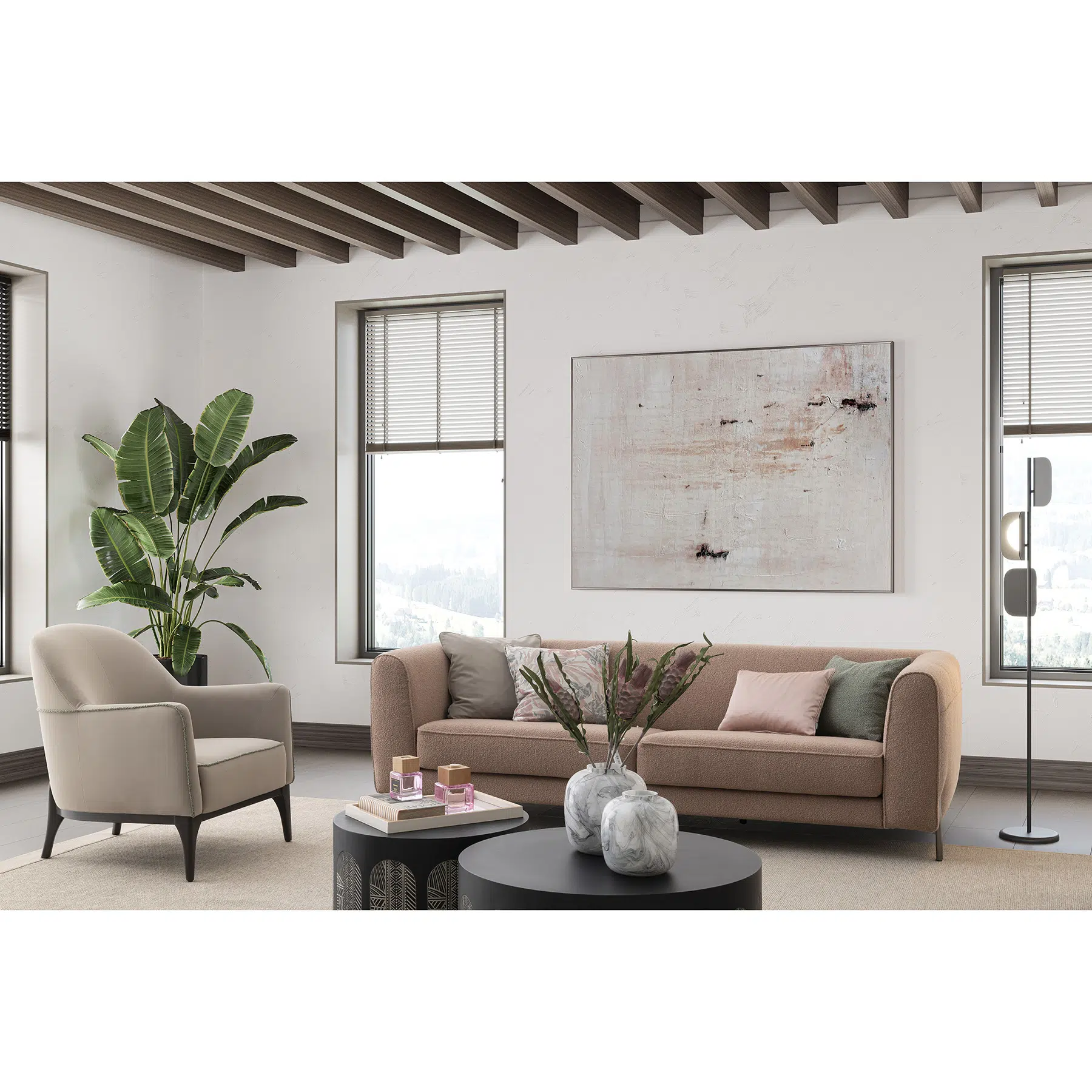 ivory amour sofa with pink amour sofa in a modern living room
