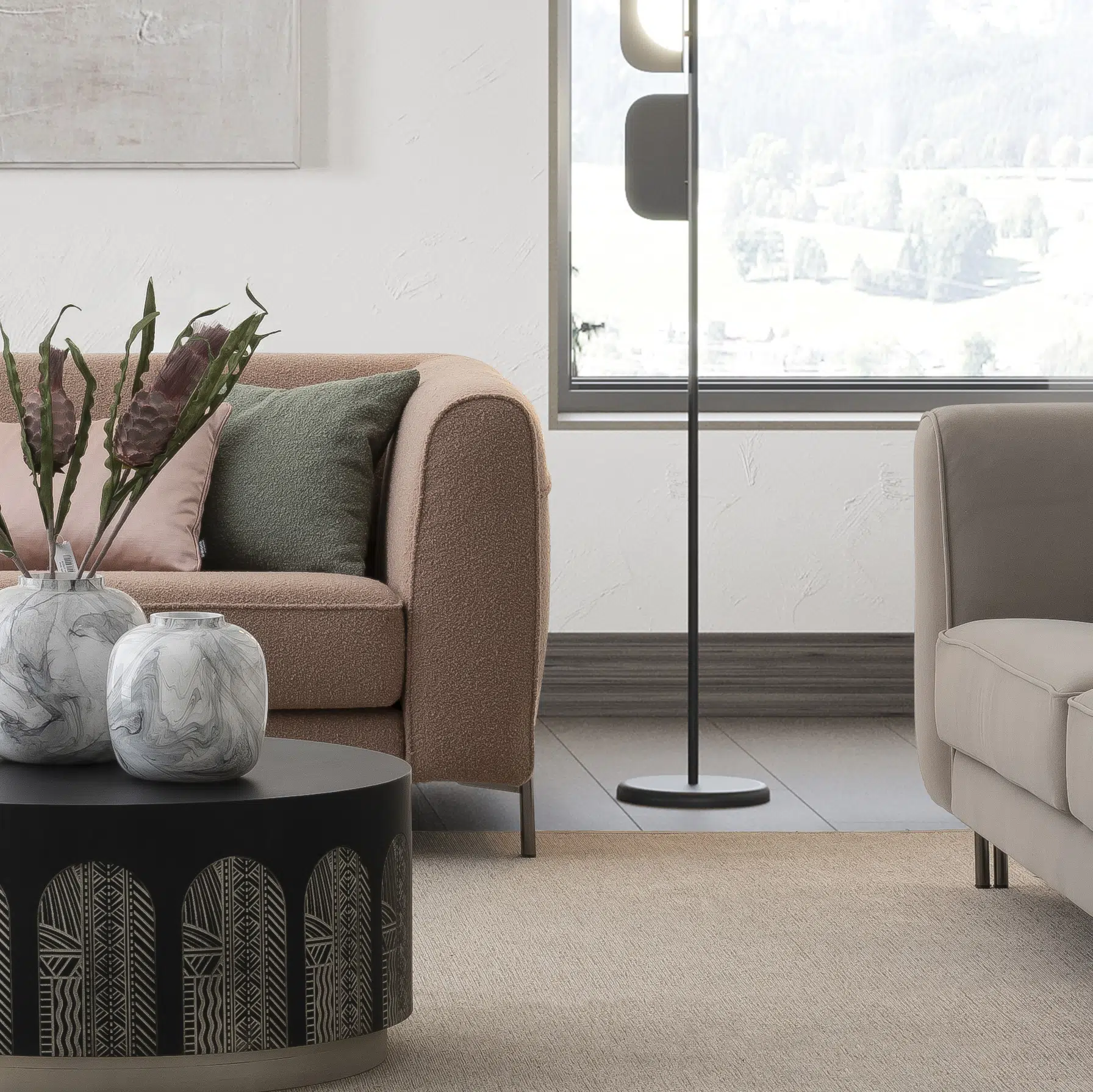 ivory amour sofa with pink amour sofa in a modern living room detailed view