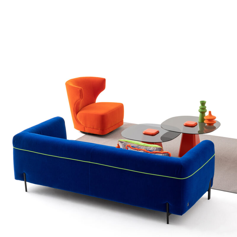amour sofa dark blue iyot color with neon green lines from the colorium collection rear view