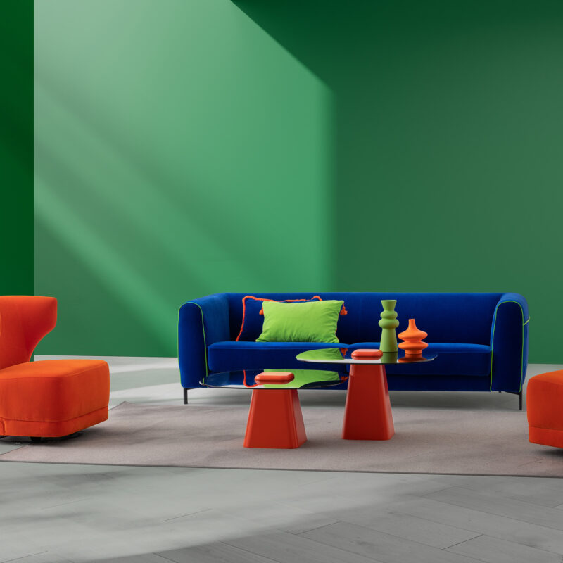 amour sofa dark blue iyot color with neon green lines from the colorium collection living room setup