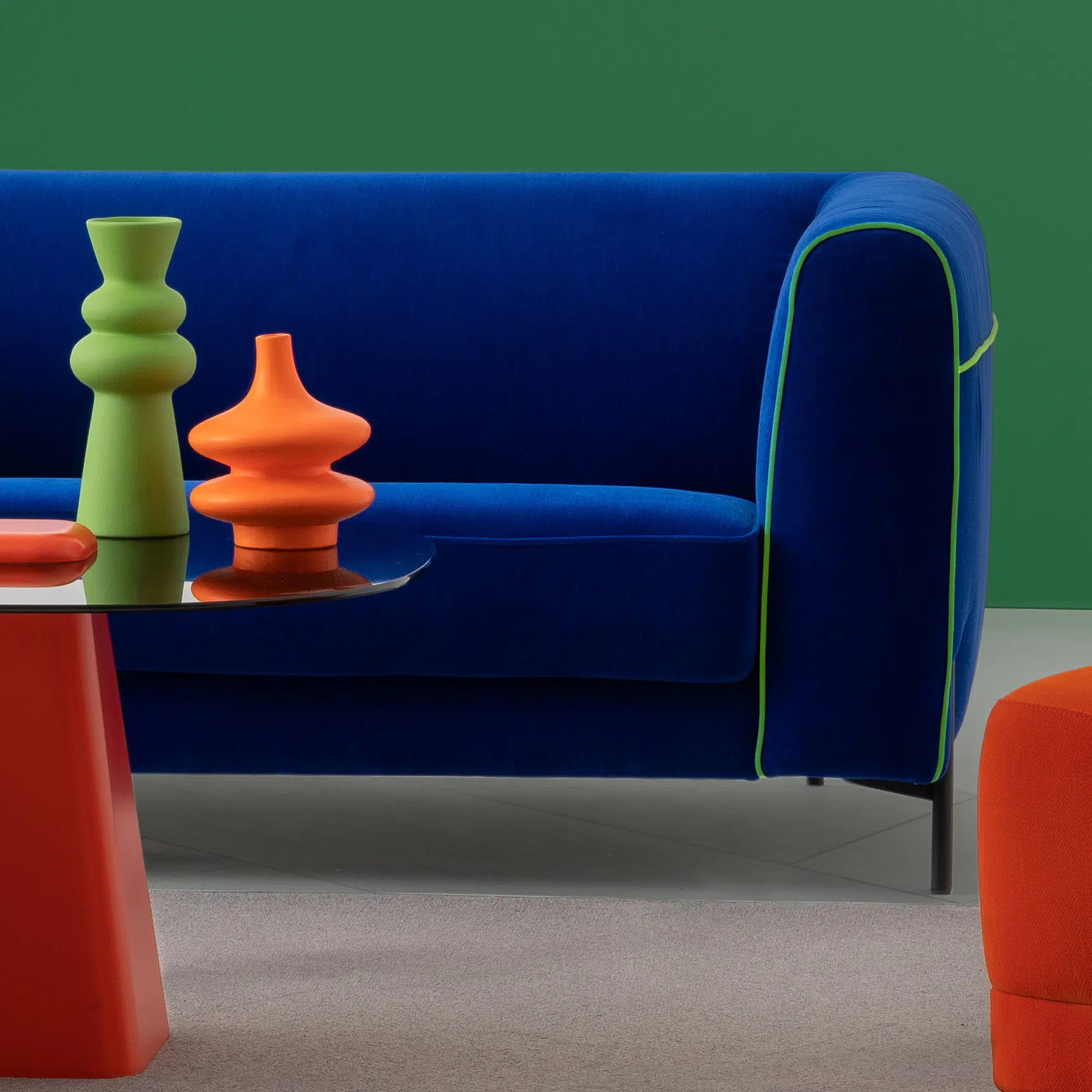 amour sofa dark blue iyot color with neon green lines from the colorium collection detailed view