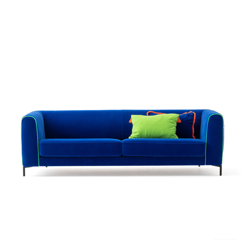amour sofa dark blue iyot color with neon green lines from the colorium collection front view