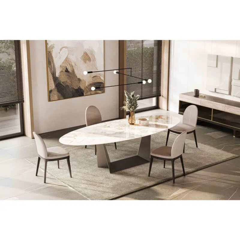 luxury oval stone dining table in a contemporary warm dining room setup