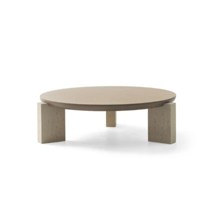 nota table basse ronde avec plateau en bois et pieds en pierre design moderne overal view
