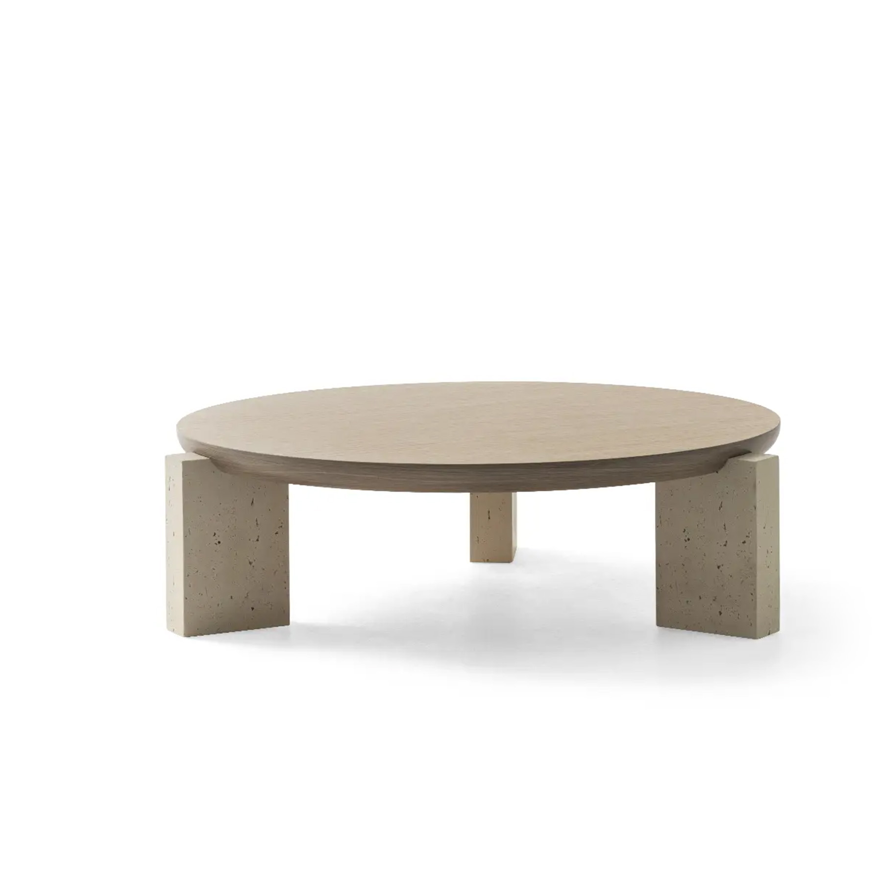 nota round coffee table with wooden table top and stone legs modern design overal view