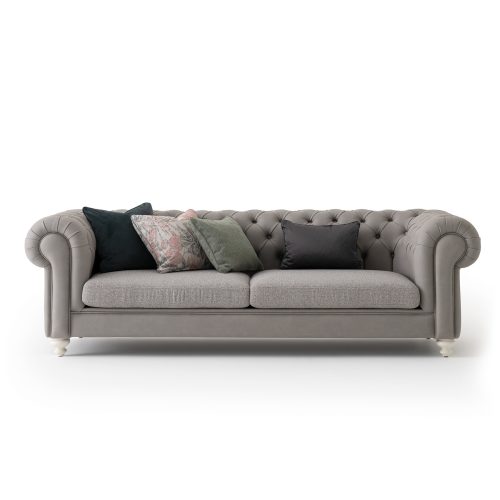 Aspendos Chesterfield Love Seat en combinaison de cuir gris avec revêtement en tissu