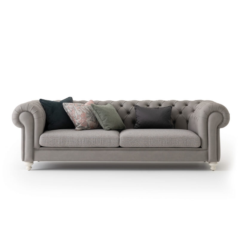 Aspendos Chesterfield Love Seat in Gray leather combination with fabric upholstery