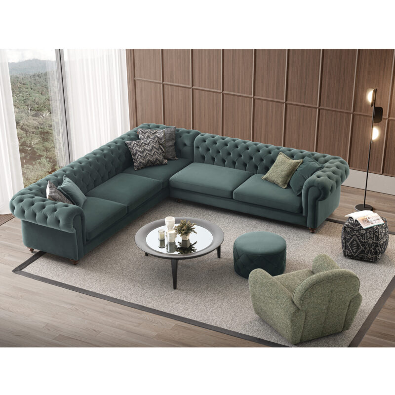 warm living room setup with aspendos chesterfield sofa in cyan velvet