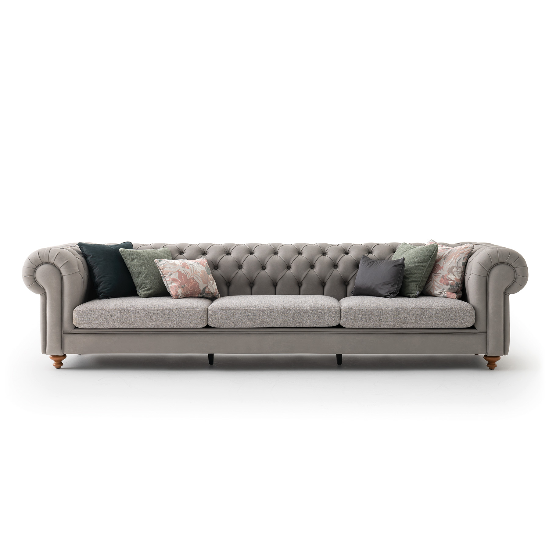 Aspendos Chesterfield Sofa in Gray leather combination with fabric upholstery