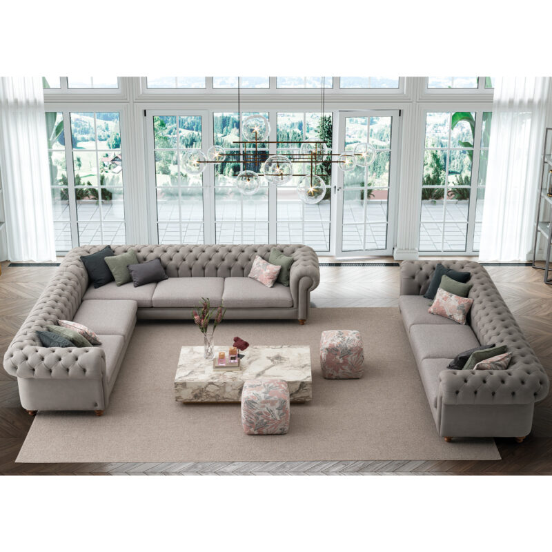 luxury warm living room setup with aspendos sectional chesterfield sofa and aspendos sofa in light gray leather