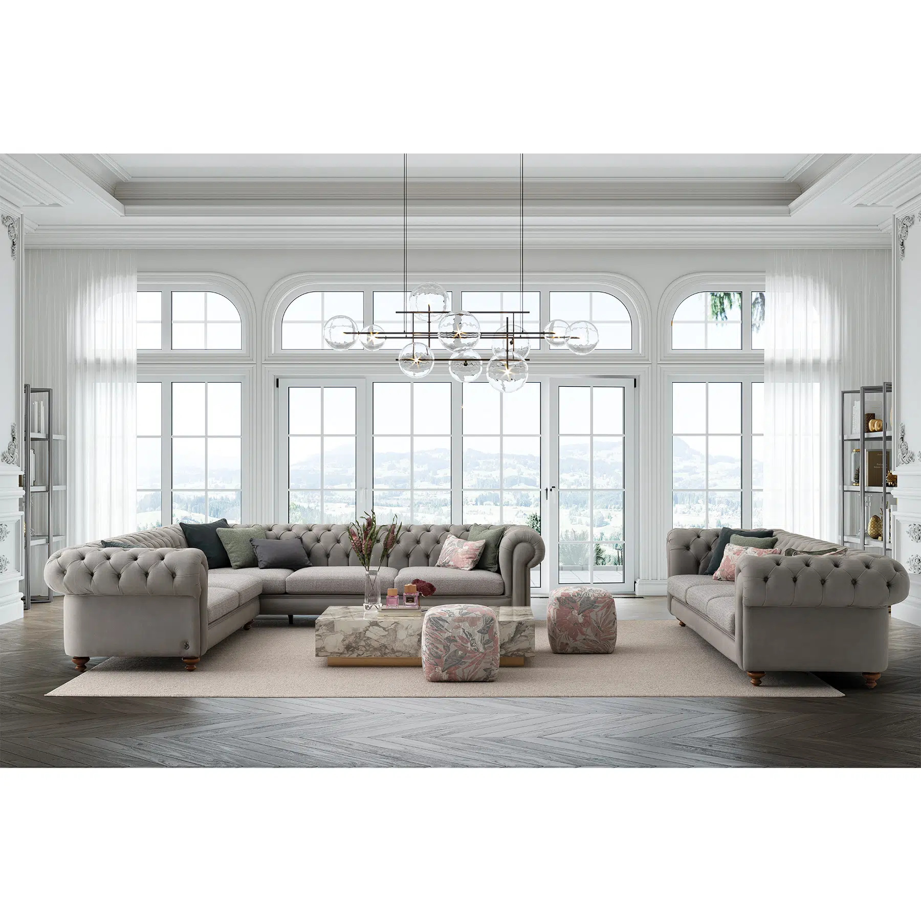 salon luxueux avec canapé chesterfield sectionnel aspendos et canapé aspendos en cuir gris clair