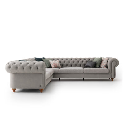 Aspendos Chesterfield Sectional Sofa in light Gray leather combination with fabric upholstery left