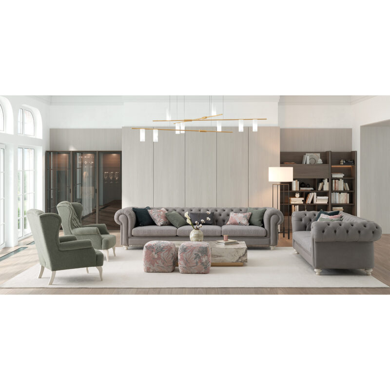 aspendos chesterfield sofa set in light gray fabric in a luxury living room setup