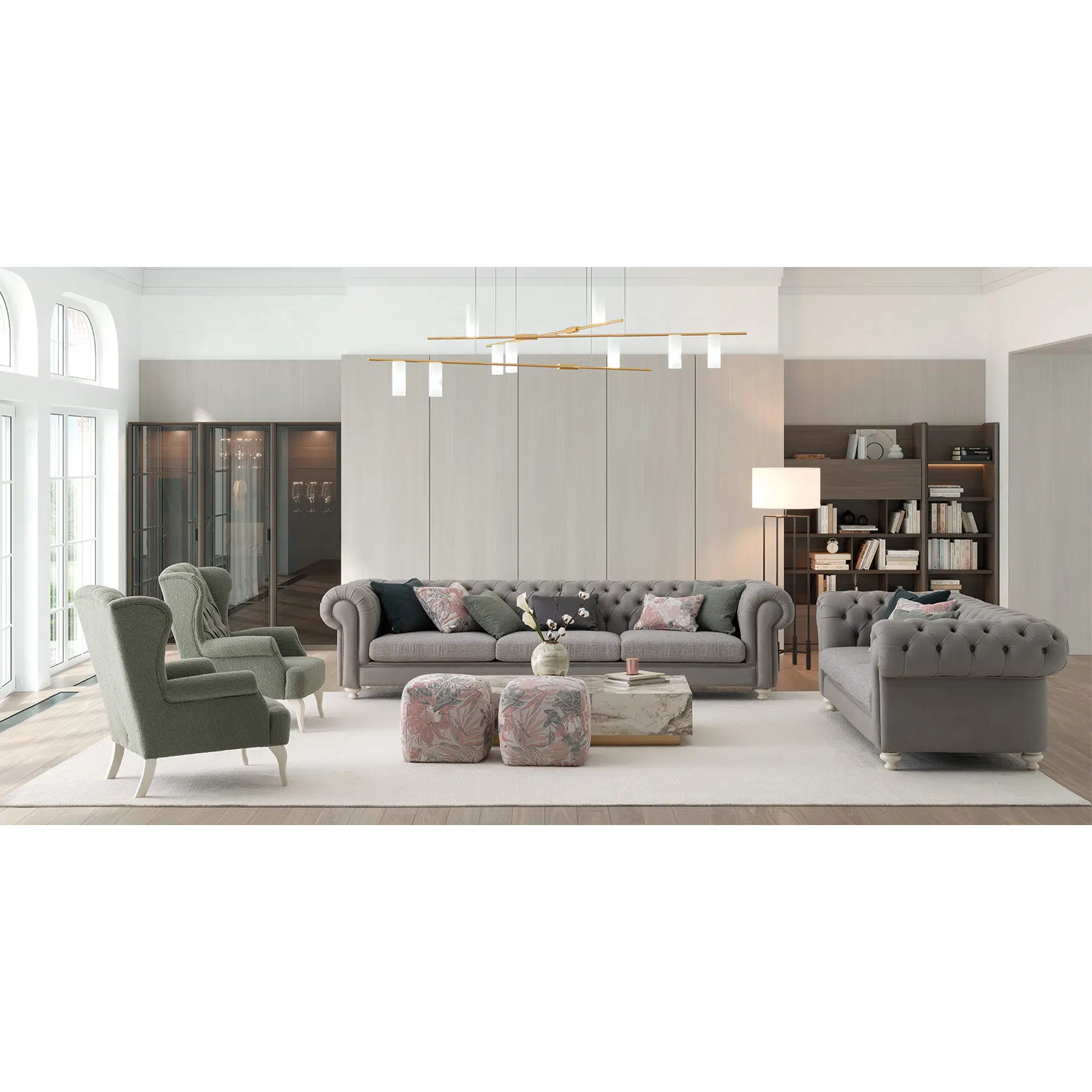ensemble canapé chesterfield en tissu gris clair dans un salon de luxe
