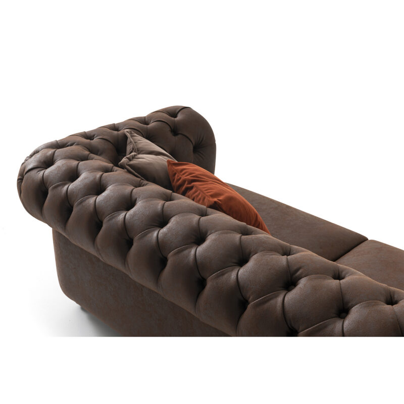 Aspendos Chesterfield Sofa in Classic Brown leather - Close-up of Tufted Details on Aspendos Sectional Sofa