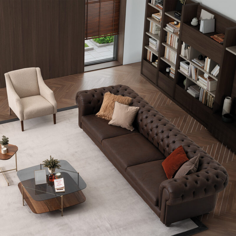 aspendos chesterfield sofa set in dark brown fabric in a luxury living room setup