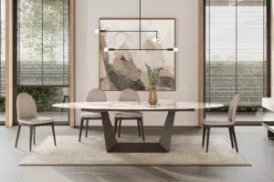 luxury oval stone dining table in a contemporary warm dining room setup