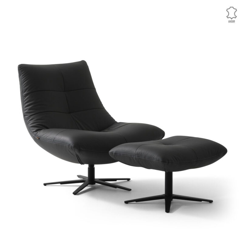 Zen Swivel leather Accent Chair in black leather with leg rest ottoman - overall View