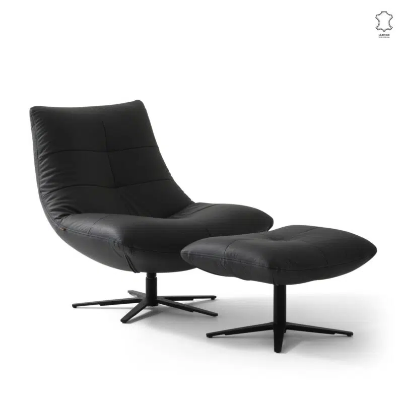 Zen Swivel Accent Chair en cuir noir avec repose-pieds ottoman - Vue d'ensemble