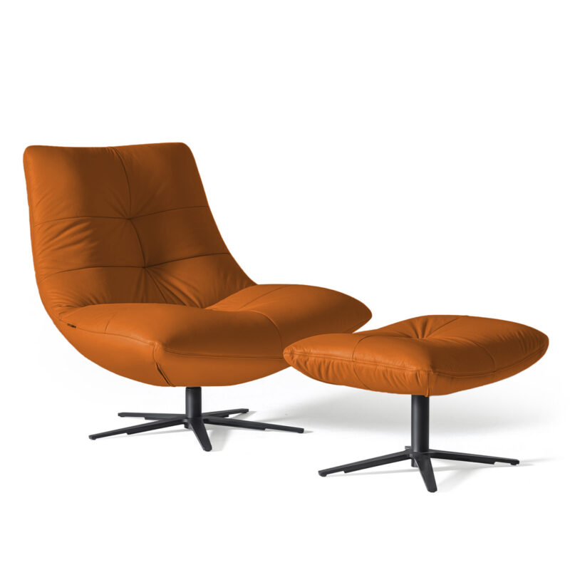 Zen Swivel Accent Chair in cognac color with leg rest ottoman - Full View