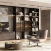Luxurious modern lounge chair and coffee table in a chic living room library by LEOPARD Furniture, Canada.