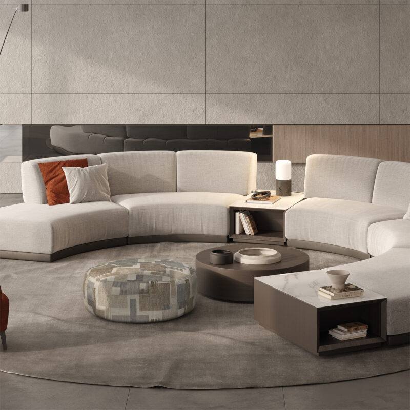 chelsea round ottoman in a modern design living room with le mans high-end modular sofa