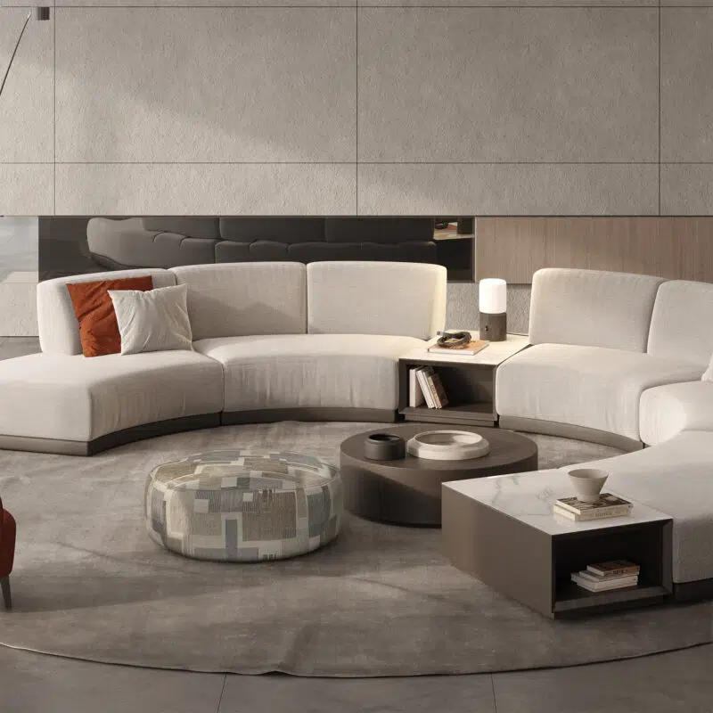 chelsea round ottoman in a modern design living room with le mans high-end modular sofa