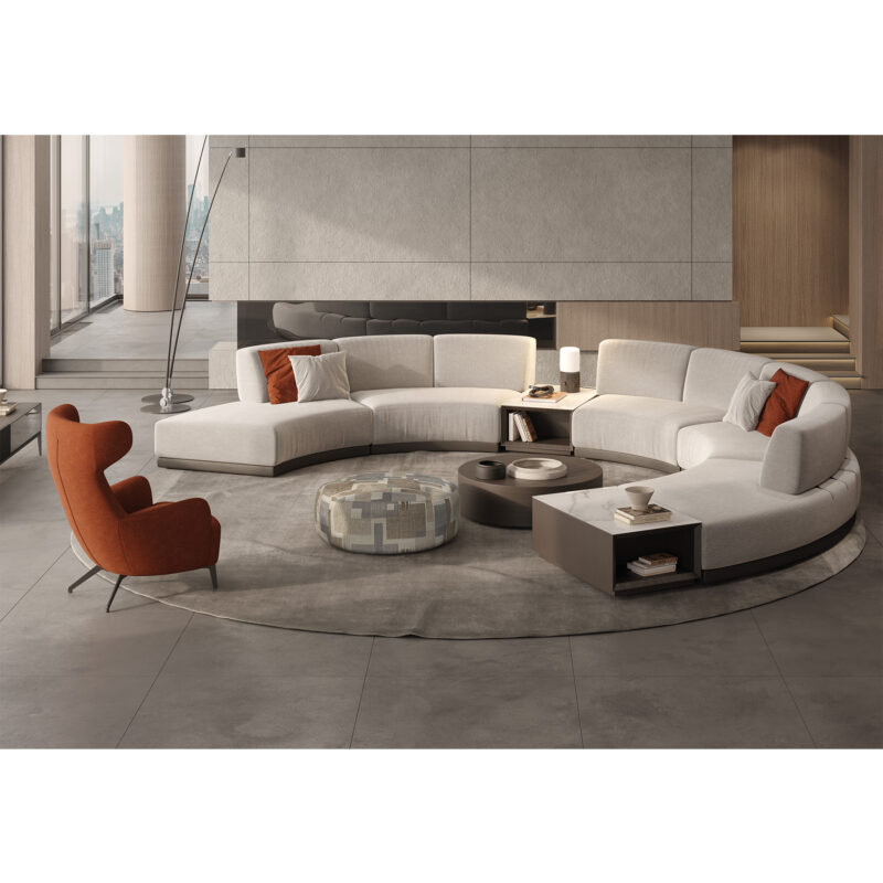 chelsea round ottoman in a modern design living room with le mans high-end modular sofa