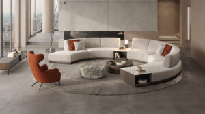 chelsea round ottoman in a modern design living room with le mans high-end modular sofa creates a warm modern space design