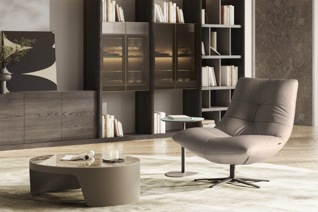 element coffee table and comfy zen accent chair in a contemporary design living room