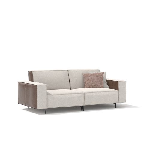 Canapé contemporain en tissu beige, accoudoirs en cuir sur fond blanc - LEOPARD Furniture, design élégant canadien.