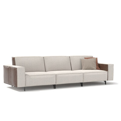 cubic sofa white boucle fabric and brown leather