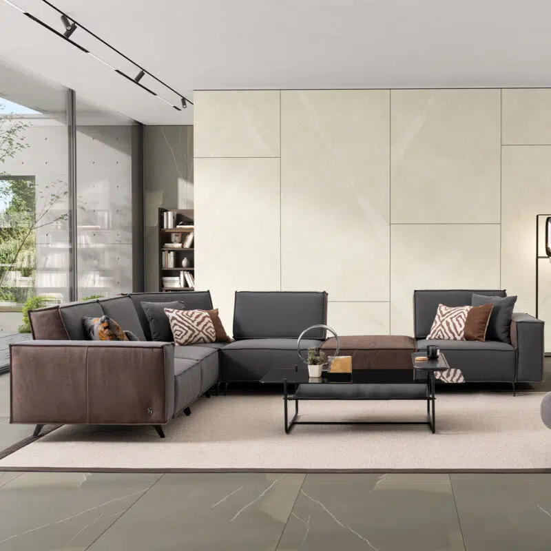 warm contemporary living room setup with cubic modular sofa cavalli