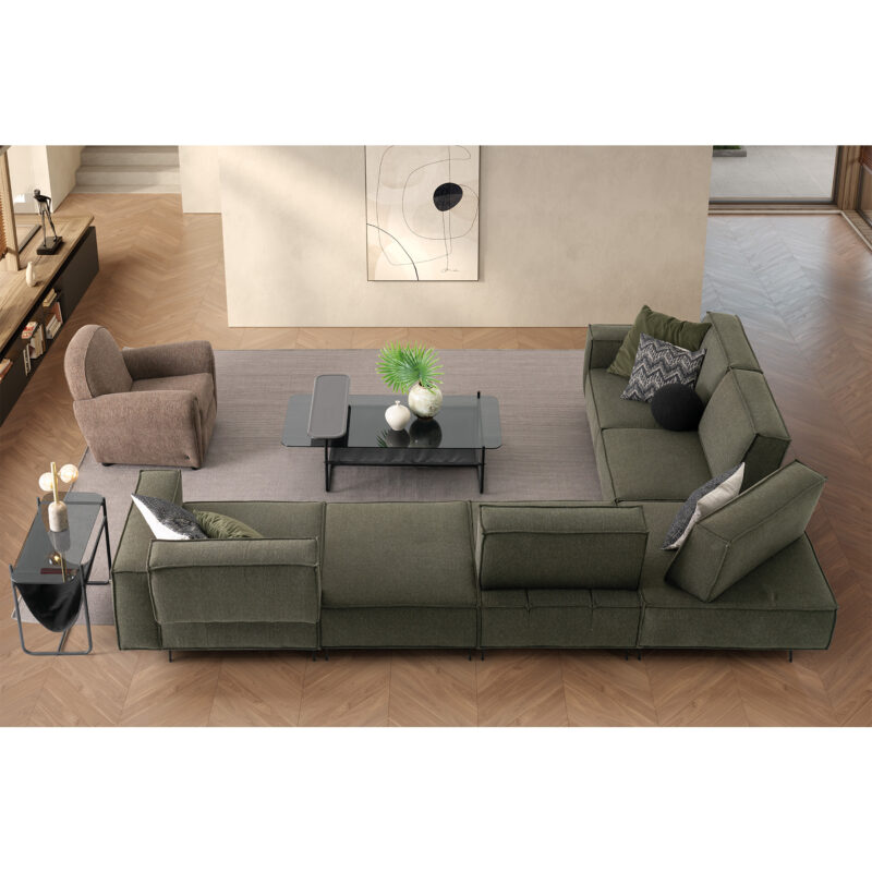 warm contemporary living room setup with cubic modular sofa cavalli back side view