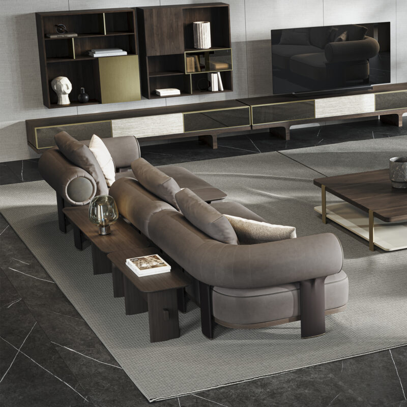 kyoto high end large modular sectional sofa with internal and back side coffee table in gray fabric unique award winning design