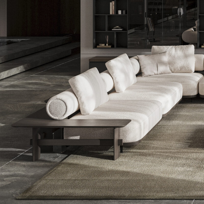 kyoto high end large modular sectional sofa in white fabric unique award winning design in exceptional contemporary living room setup