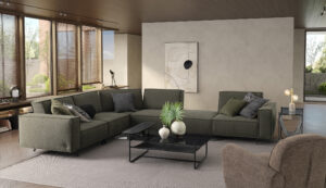 warm contemporary living room setup with cubic modular sofa cavalli in green fabric upholstery