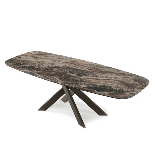 Modern marble dining table with geometric base on white background, by LEOPARD Furniture, Canada.