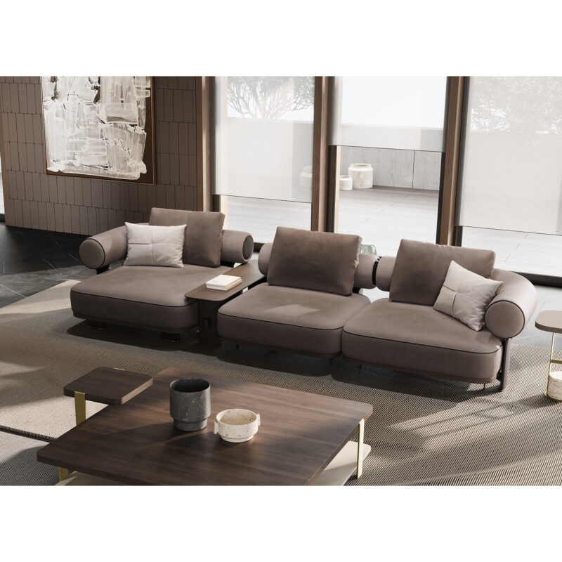 large square coffee table and its side table and kyoto high end large modular sectional sofa with internal and back side coffee table in gray fabric unique award winning design
